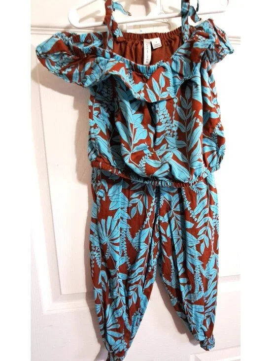 Janie and Jack Girl's 4 Tropical Print 2-Piece Cold Shoulder Pants Set - Picture 1 of 8